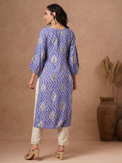 Ethnic Chevron Foil Printed Embroidered Straight Fit Kurta - Blue