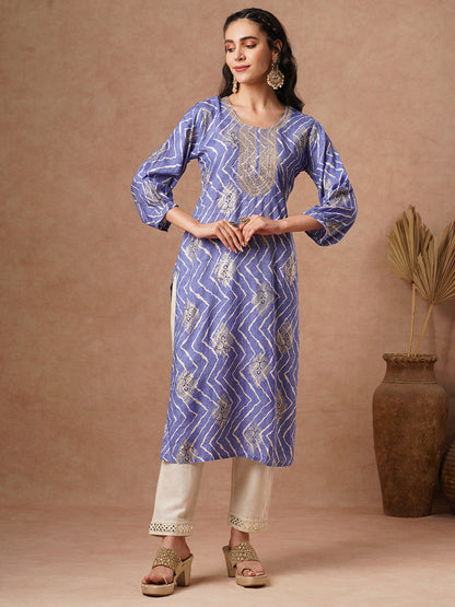 Ethnic Chevron Foil Printed Embroidered Straight Fit Kurta - Blue