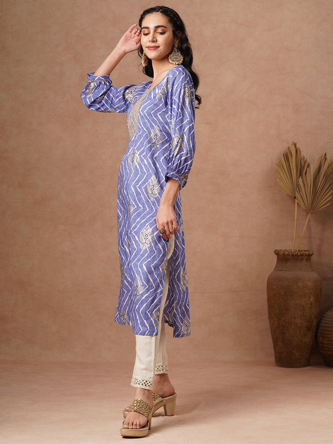 Ethnic Chevron Foil Printed Embroidered Straight Fit Kurta - Blue