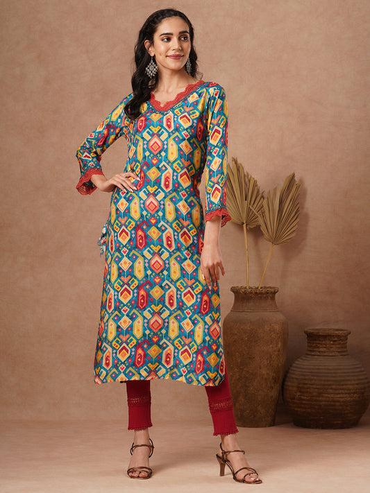 Ethnic Printed & Mirror Embroidered Straight Fit Kurta - Multi