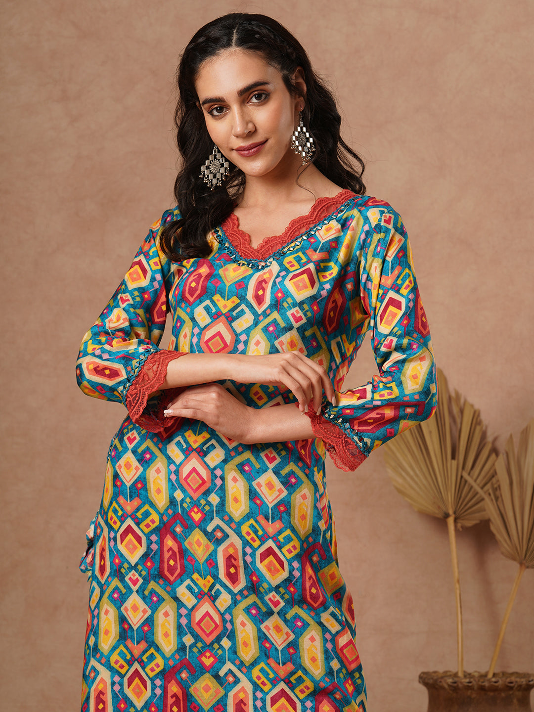 Ethnic Printed & Mirror Embroidered Straight Fit Kurta - Multi