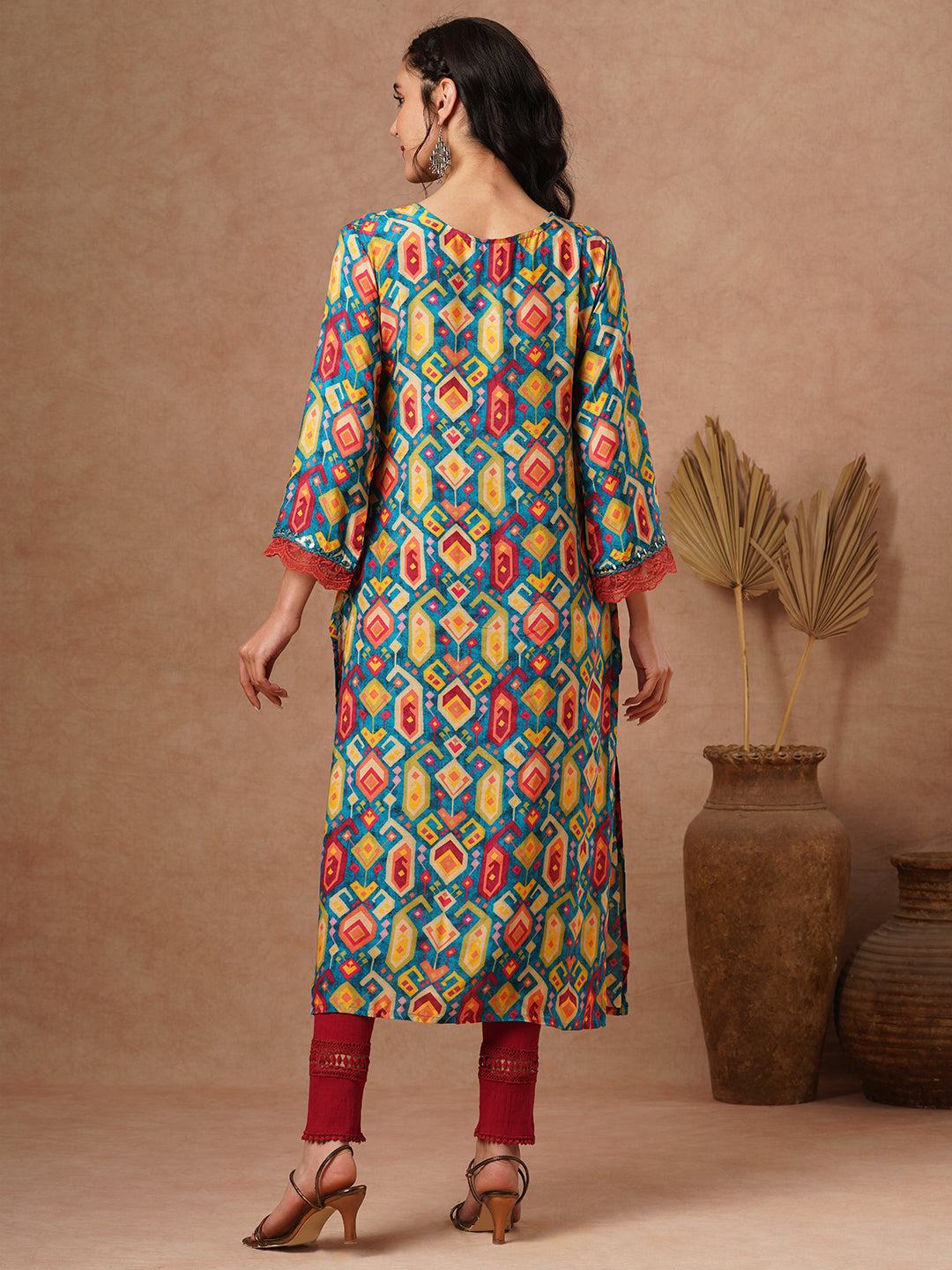 Ethnic Printed & Mirror Embroidered Straight Fit Kurta - Multi