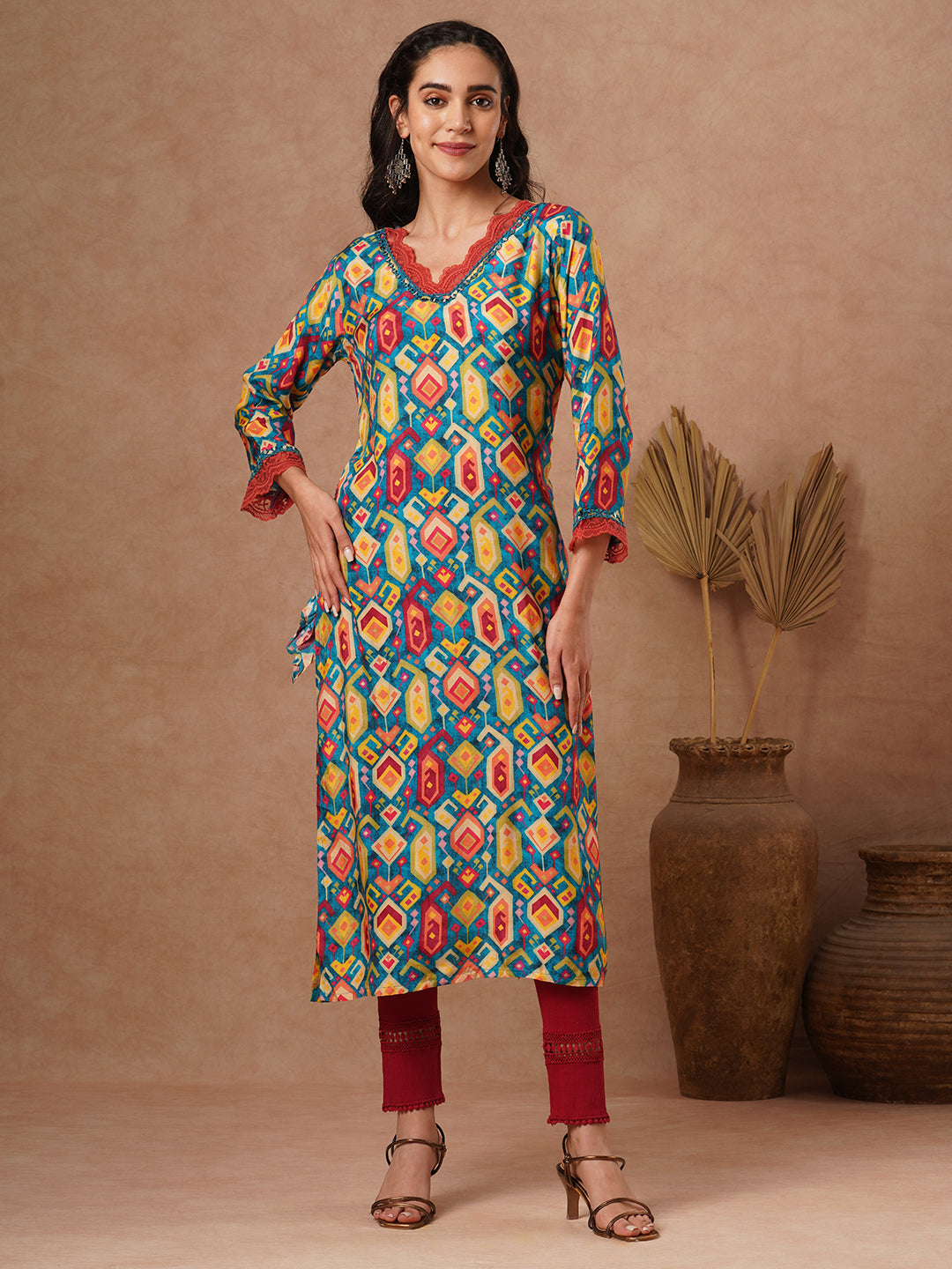 Ethnic Printed & Mirror Embroidered Straight Fit Kurta - Multi