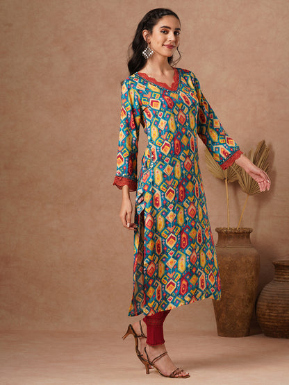 Ethnic Printed & Mirror Embroidered Straight Fit Kurta - Multi