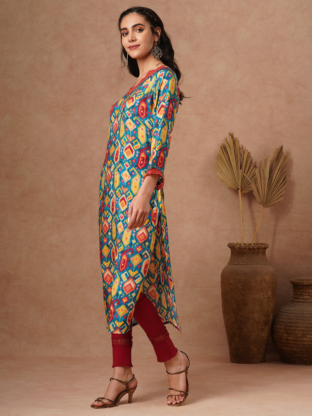 Ethnic Printed & Mirror Embroidered Straight Fit Kurta - Multi