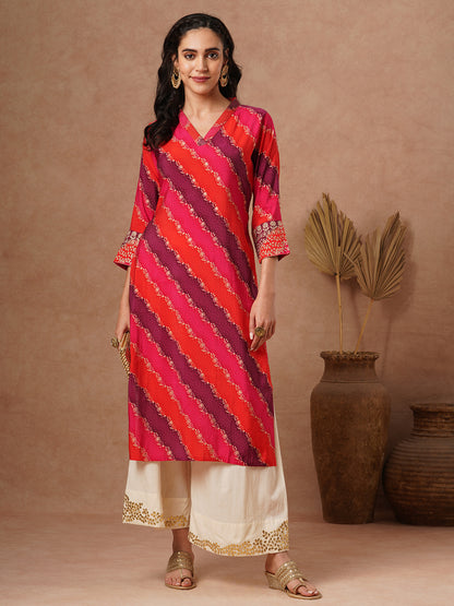 Ethnic Leheriya Printed & Embroidered Straight Fit Kurta - Multi