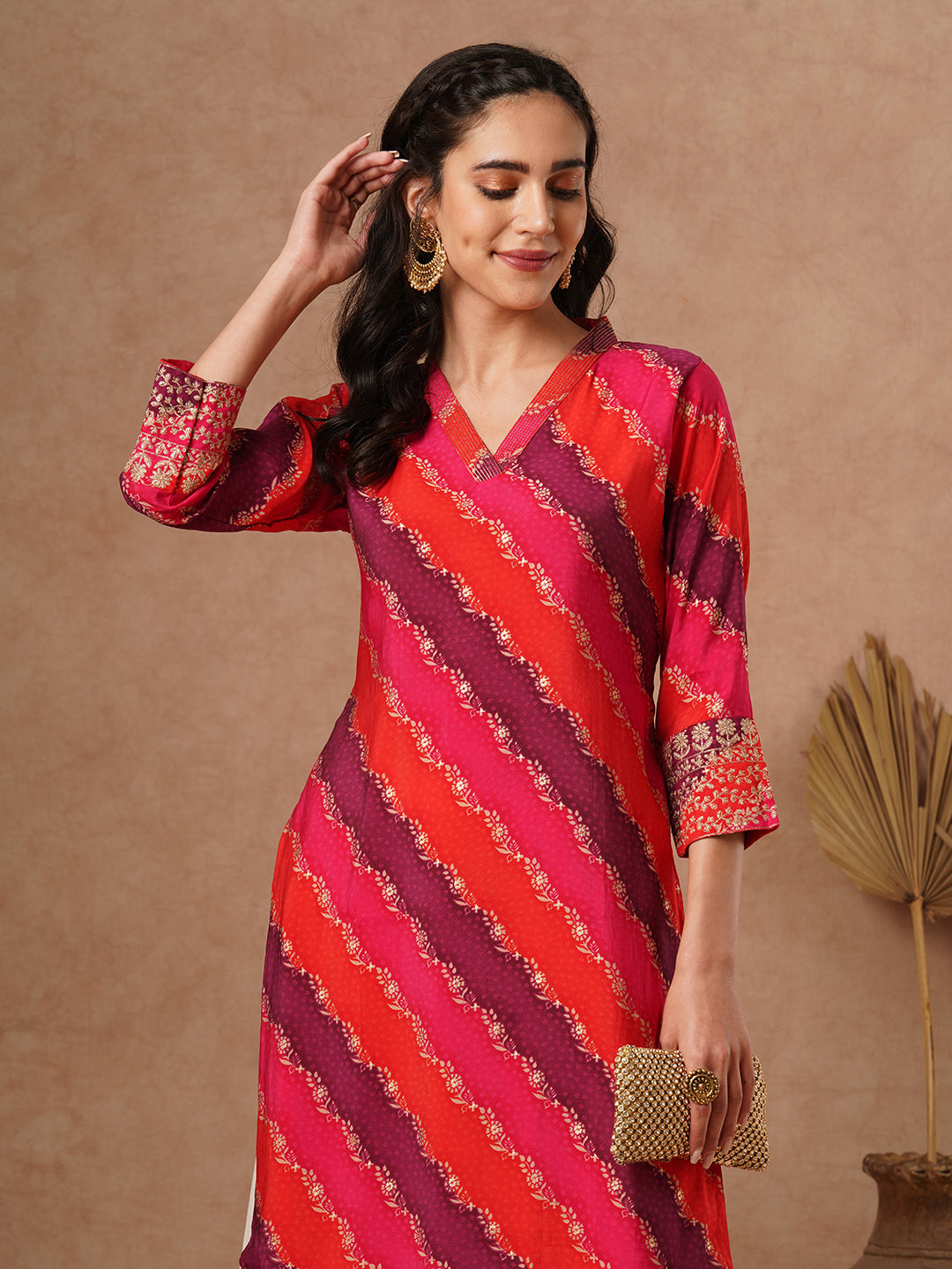 Ethnic Leheriya Printed & Embroidered Straight Fit Kurta - Multi