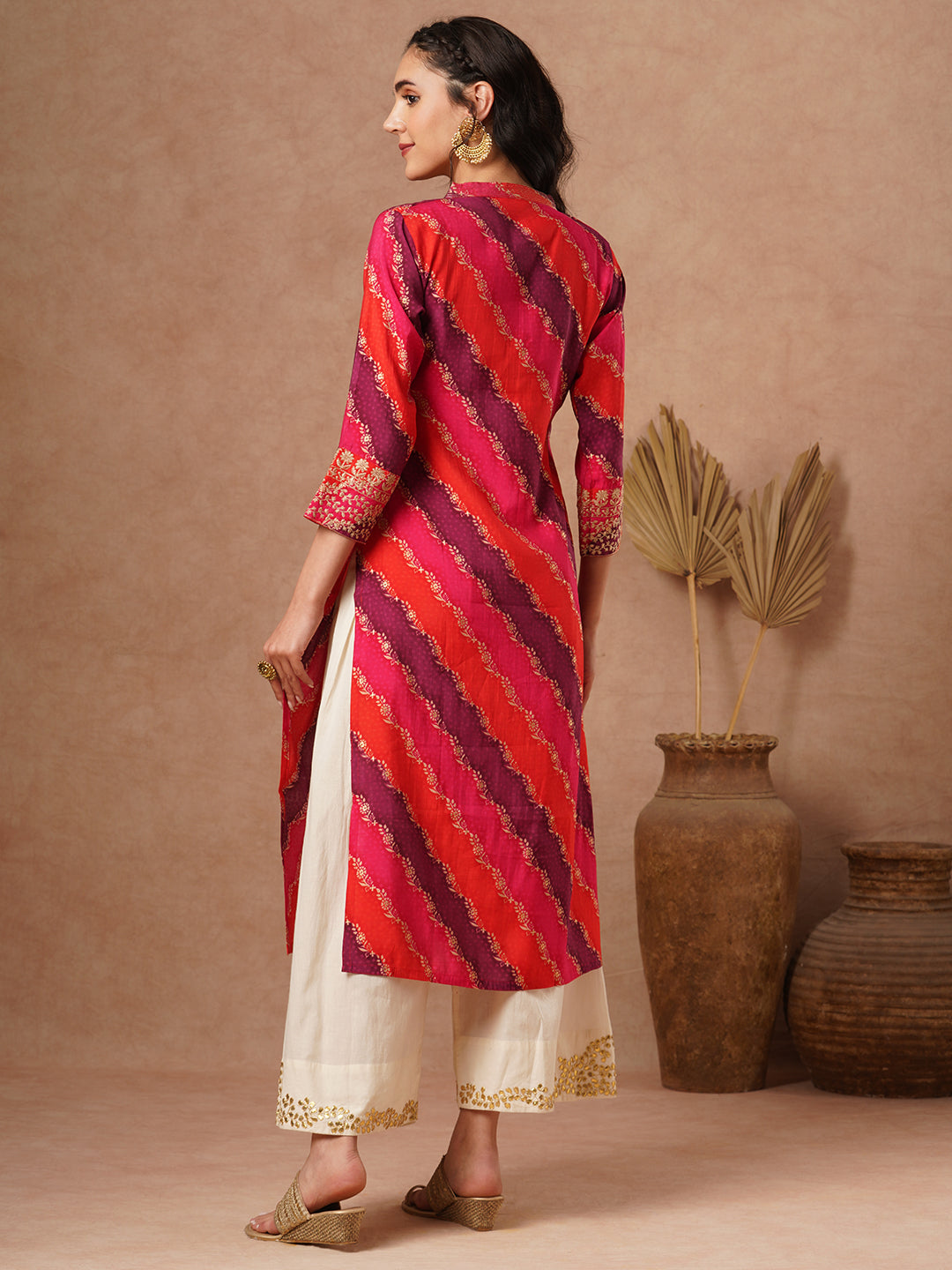 Ethnic Leheriya Printed & Embroidered Straight Fit Kurta - Multi