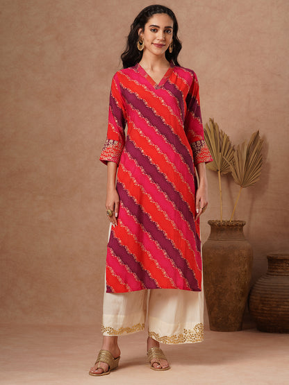 Ethnic Leheriya Printed & Embroidered Straight Fit Kurta - Multi