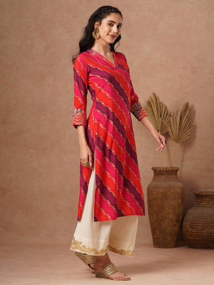 Ethnic Leheriya Printed & Embroidered Straight Fit Kurta - Multi