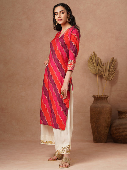 Ethnic Leheriya Printed & Embroidered Straight Fit Kurta - Multi