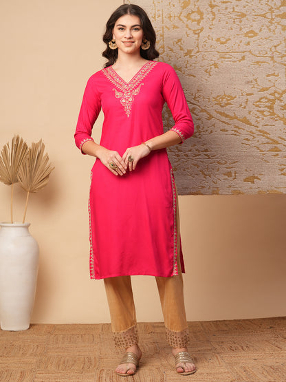 Ethnic Embroidered Straight Fit Kurta - Pink