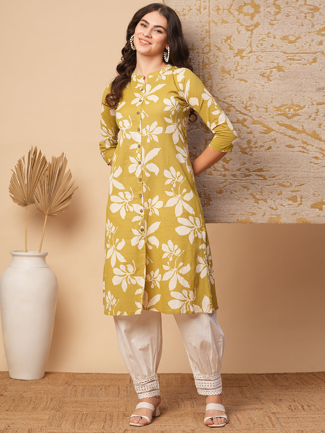 Abstract Floral Printed A-Line Flared Cotton Flax Kurta - Green