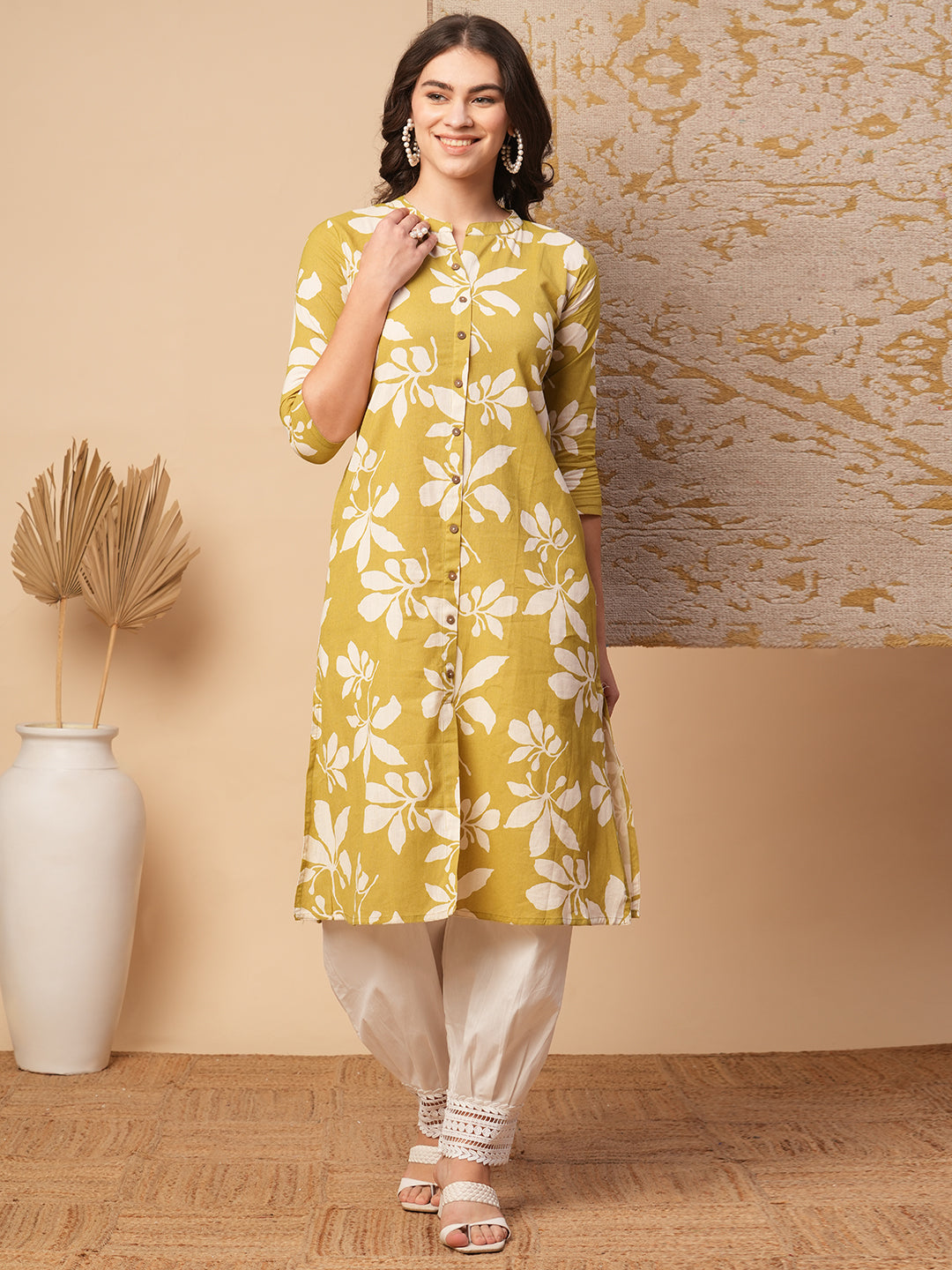 Abstract Floral Printed A-Line Flared Cotton Flax Kurta - Green