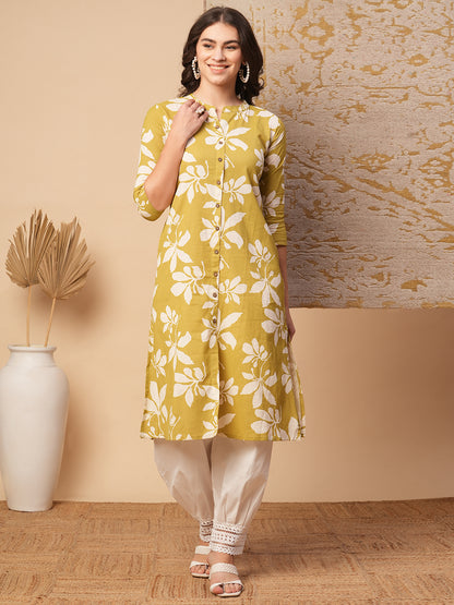 Abstract Floral Printed A-Line Flared Cotton Flax Kurta - Green