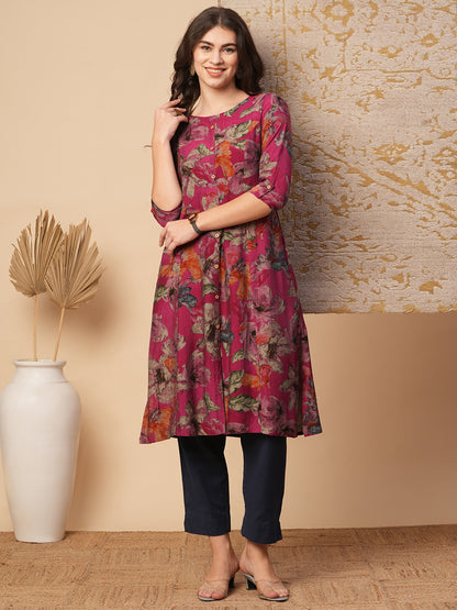 Abstract Floral Printed A-Line Paneled Kurta - Magenta