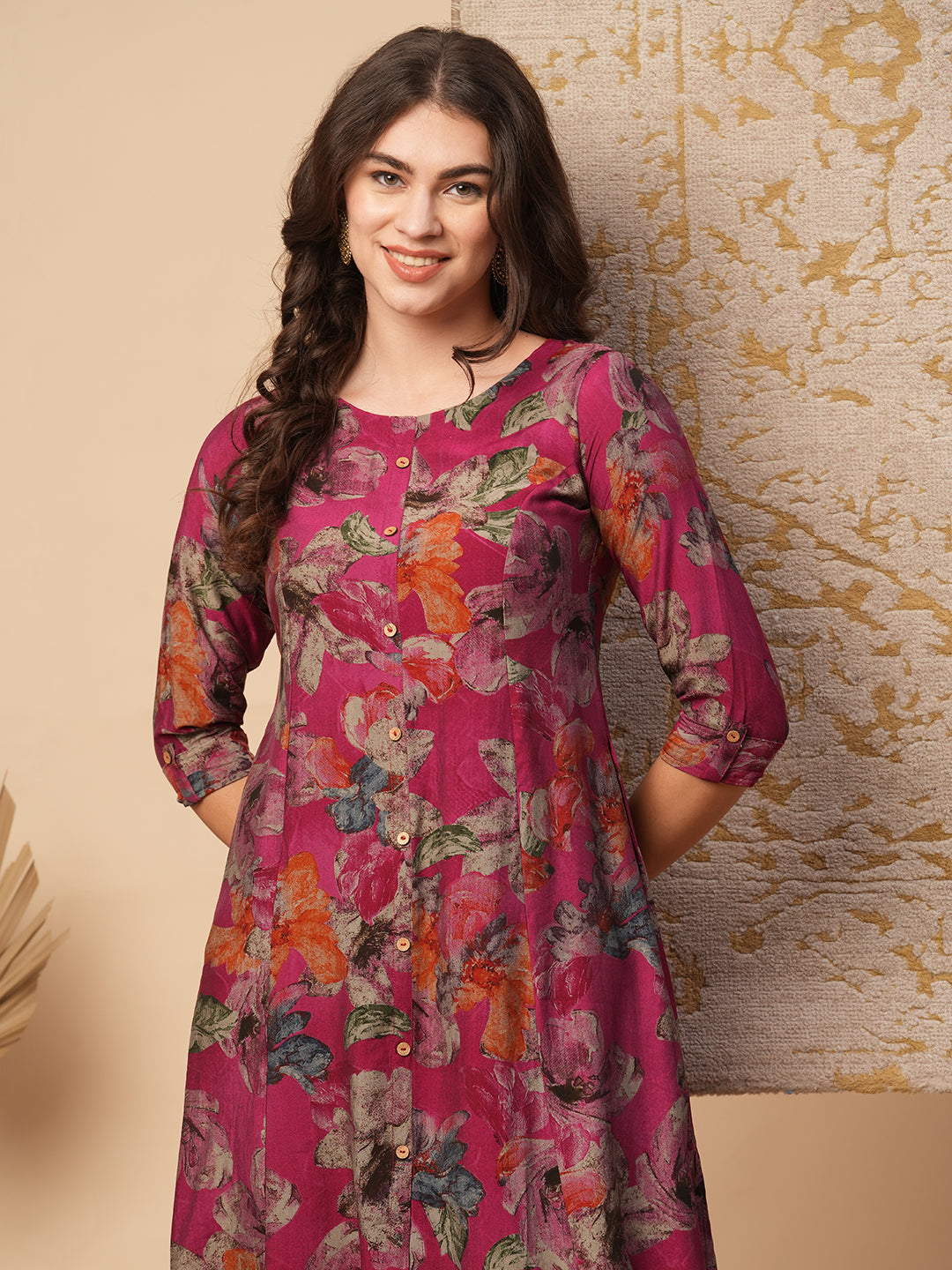 Abstract Floral Printed A-Line Paneled Kurta - Magenta