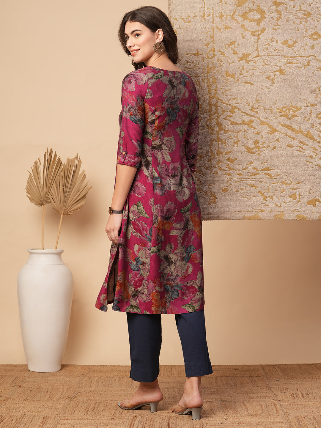 Abstract Floral Printed A-Line Paneled Kurta - Magenta