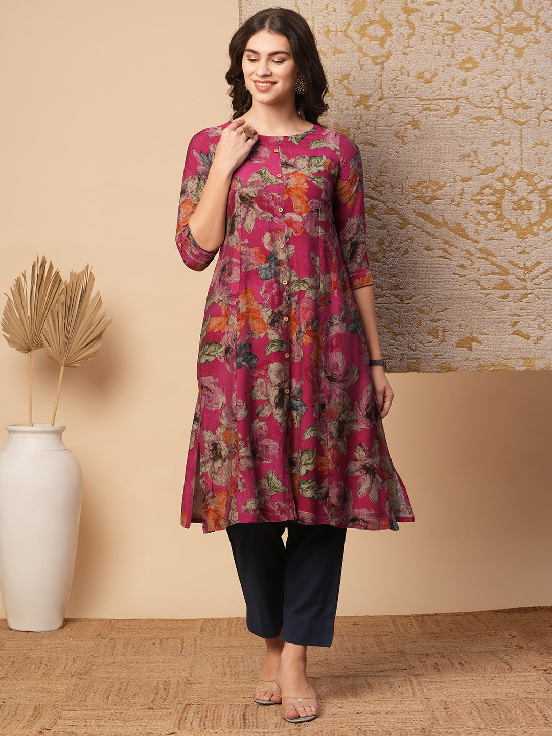 Abstract Floral Printed A-Line Paneled Kurta - Magenta