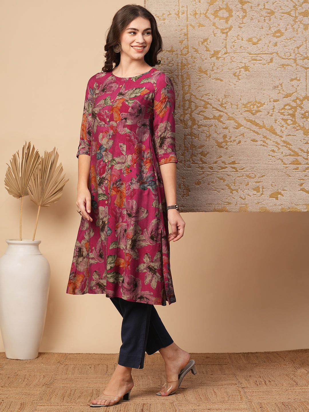 Abstract Floral Printed A-Line Paneled Kurta - Magenta