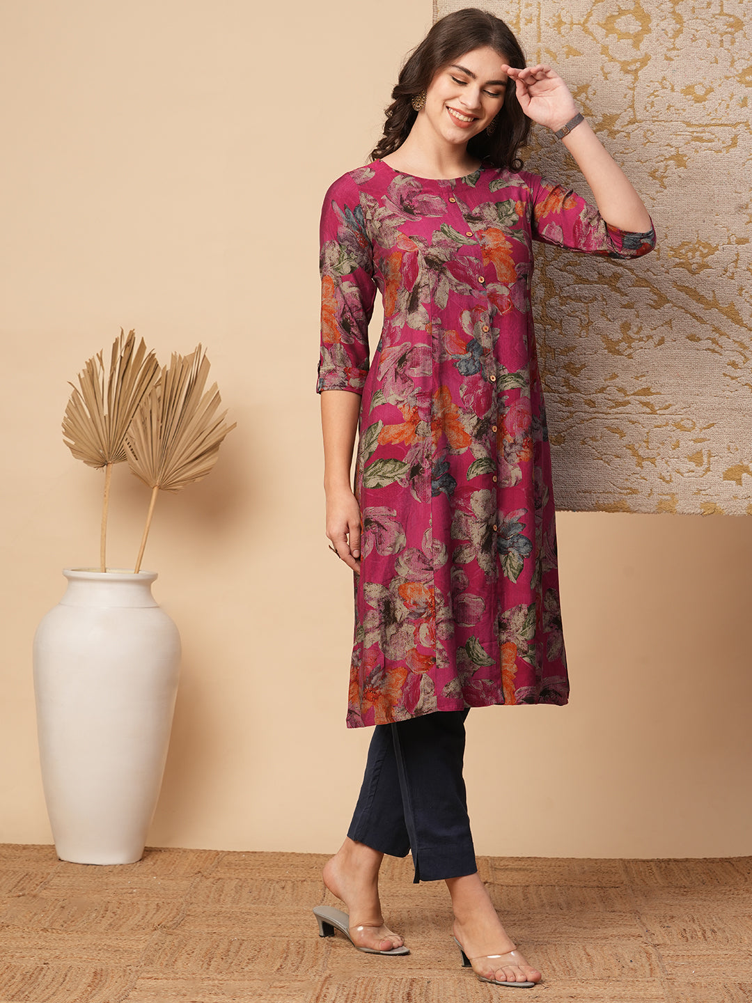 Abstract Floral Printed A-Line Paneled Kurta - Magenta