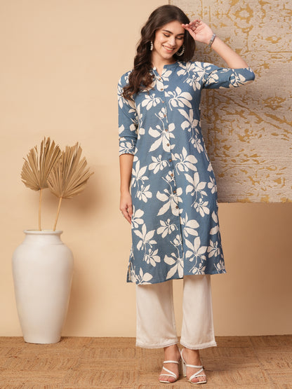 Abstract Floral Printed A-Line Flared Cotton Flax Kurta - Blue