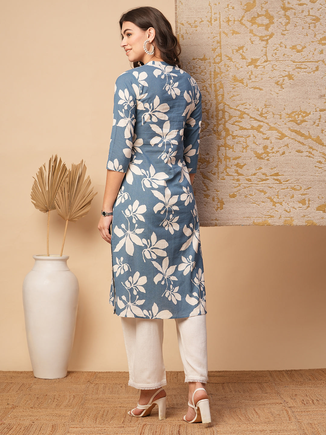 Abstract Floral Printed A-Line Flared Cotton Flax Kurta - Blue