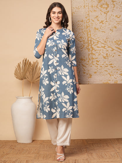 Abstract Floral Printed A-Line Flared Cotton Flax Kurta - Blue