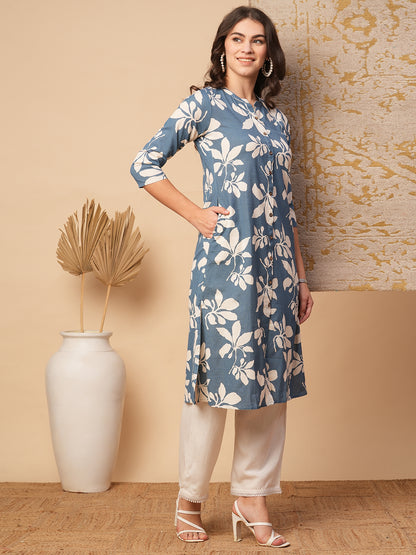 Abstract Floral Printed A-Line Flared Cotton Flax Kurta - Blue