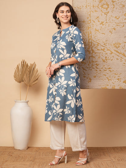 Abstract Floral Printed A-Line Flared Cotton Flax Kurta - Blue