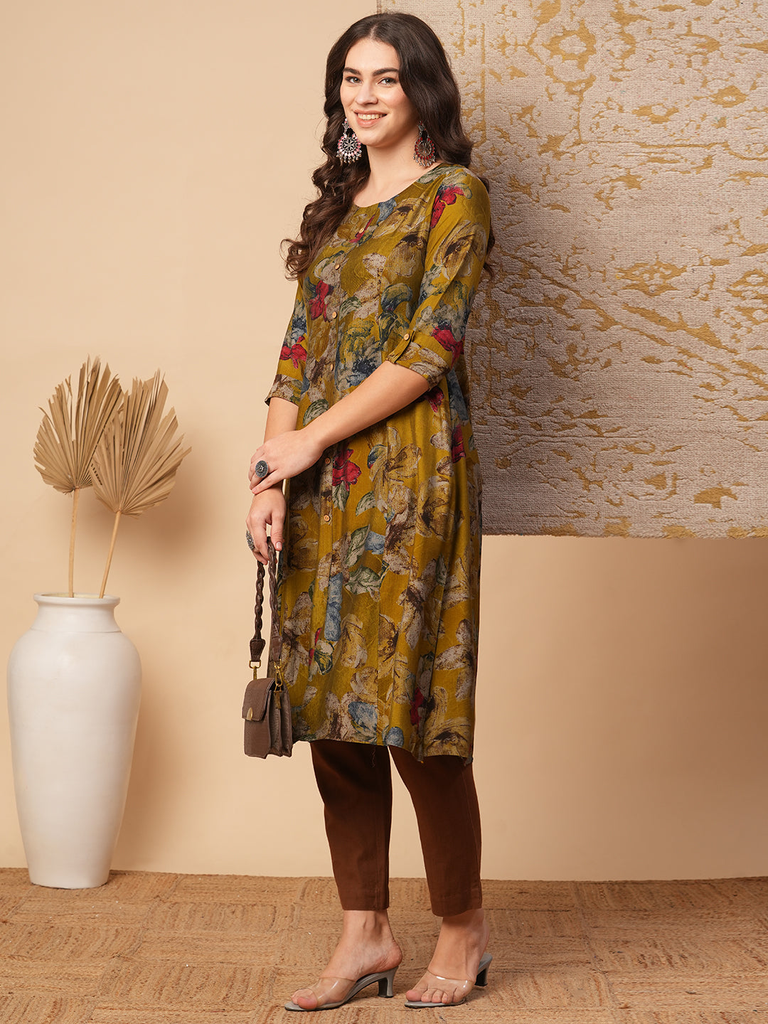 Abstract Floral Printed A-Line Paneled Kurta - Green