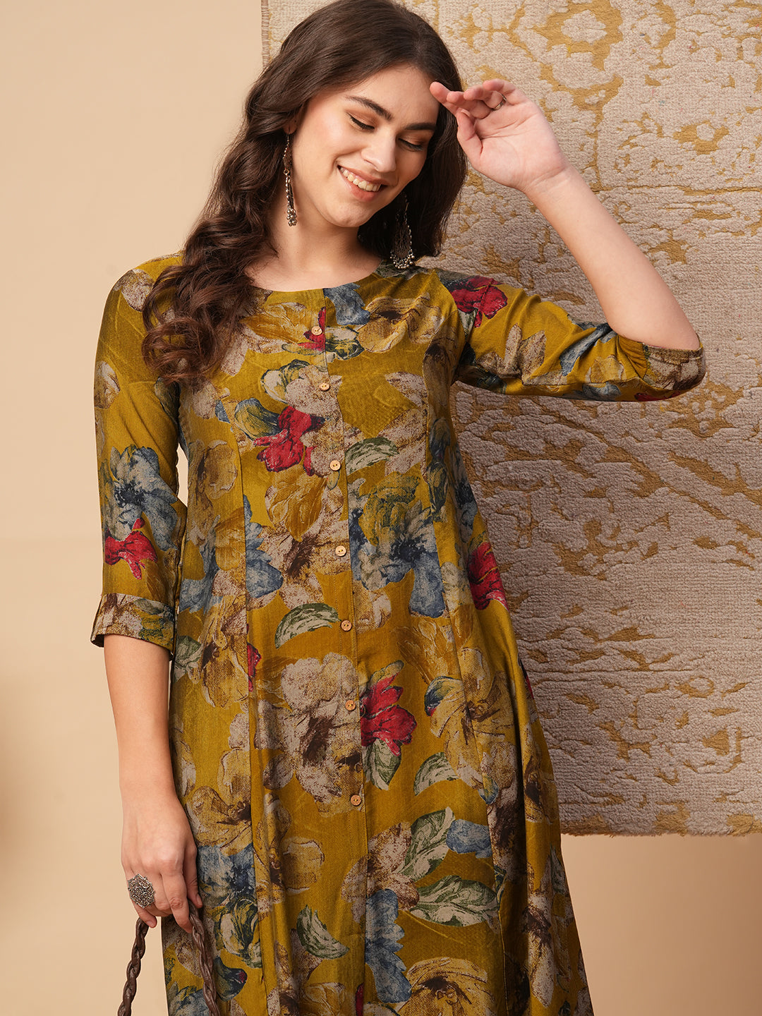 Abstract Floral Printed A-Line Paneled Kurta - Green