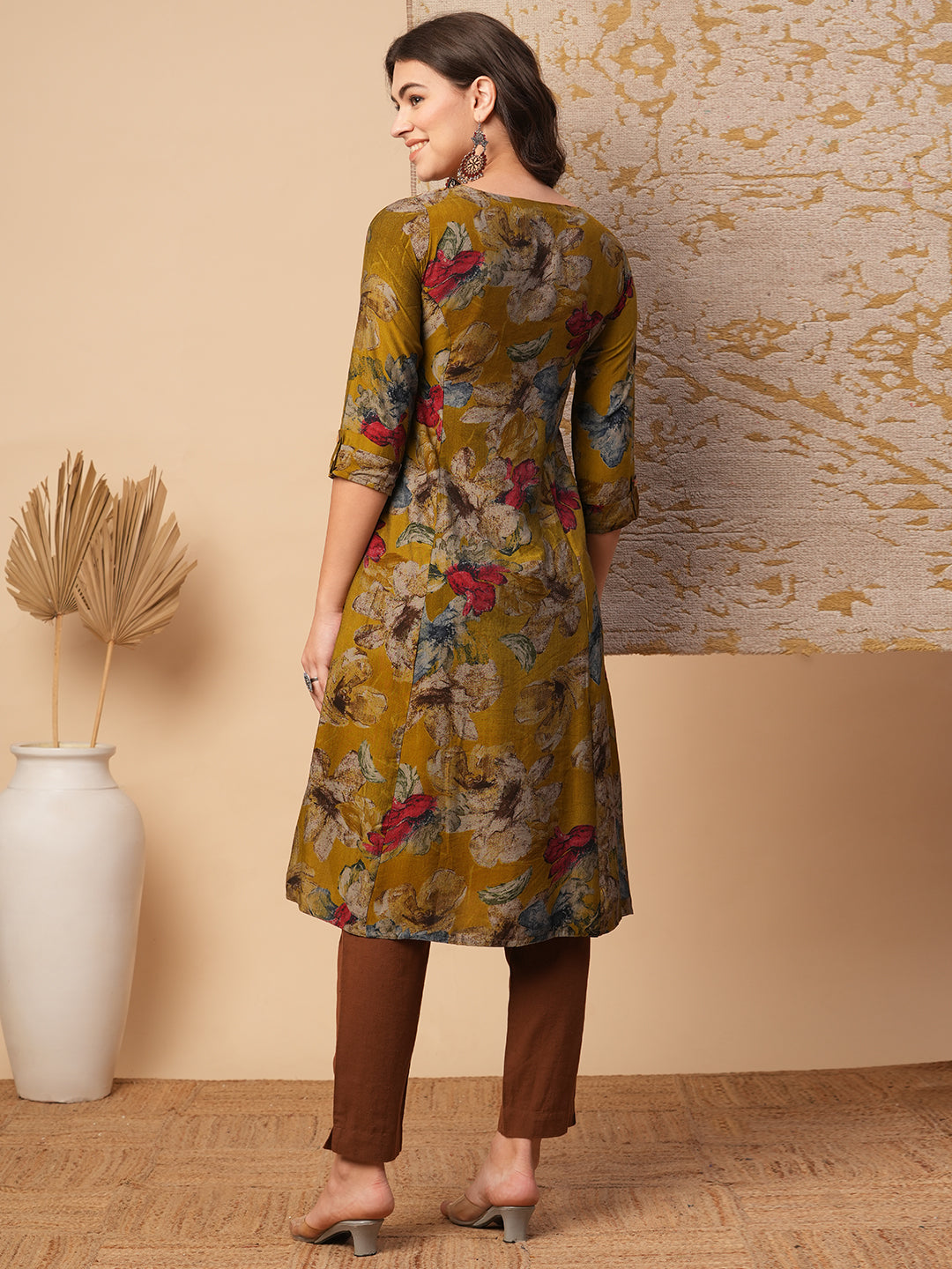 Abstract Floral Printed A-Line Paneled Kurta - Green