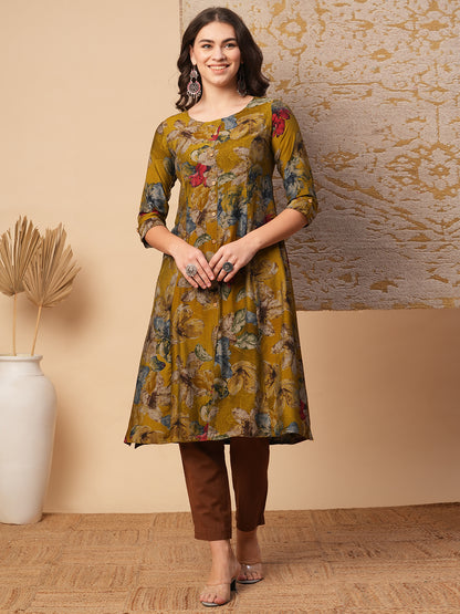 Abstract Floral Printed A-Line Paneled Kurta - Green