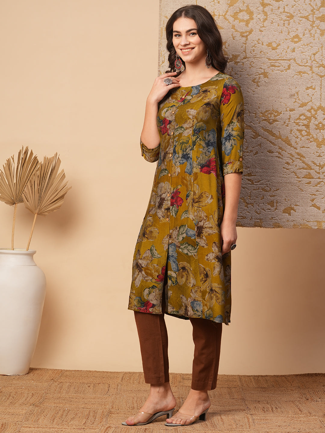 Abstract Floral Printed A-Line Paneled Kurta - Green