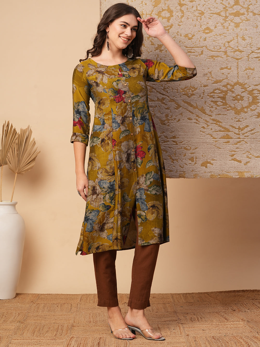 Abstract Floral Printed A-Line Paneled Kurta - Green