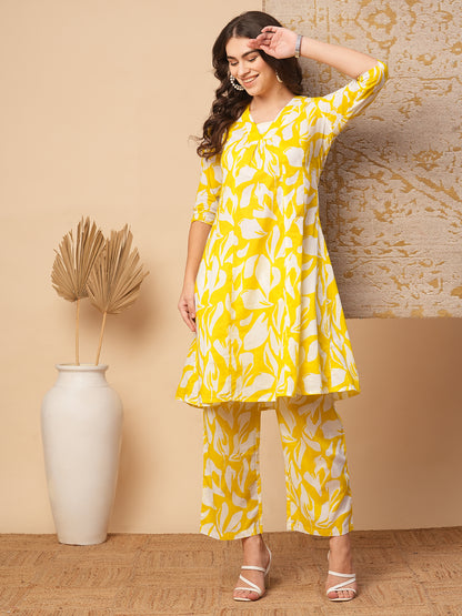 Ethnic Floral Block Printed A-Line Paneled Co-ord Set - Yellow