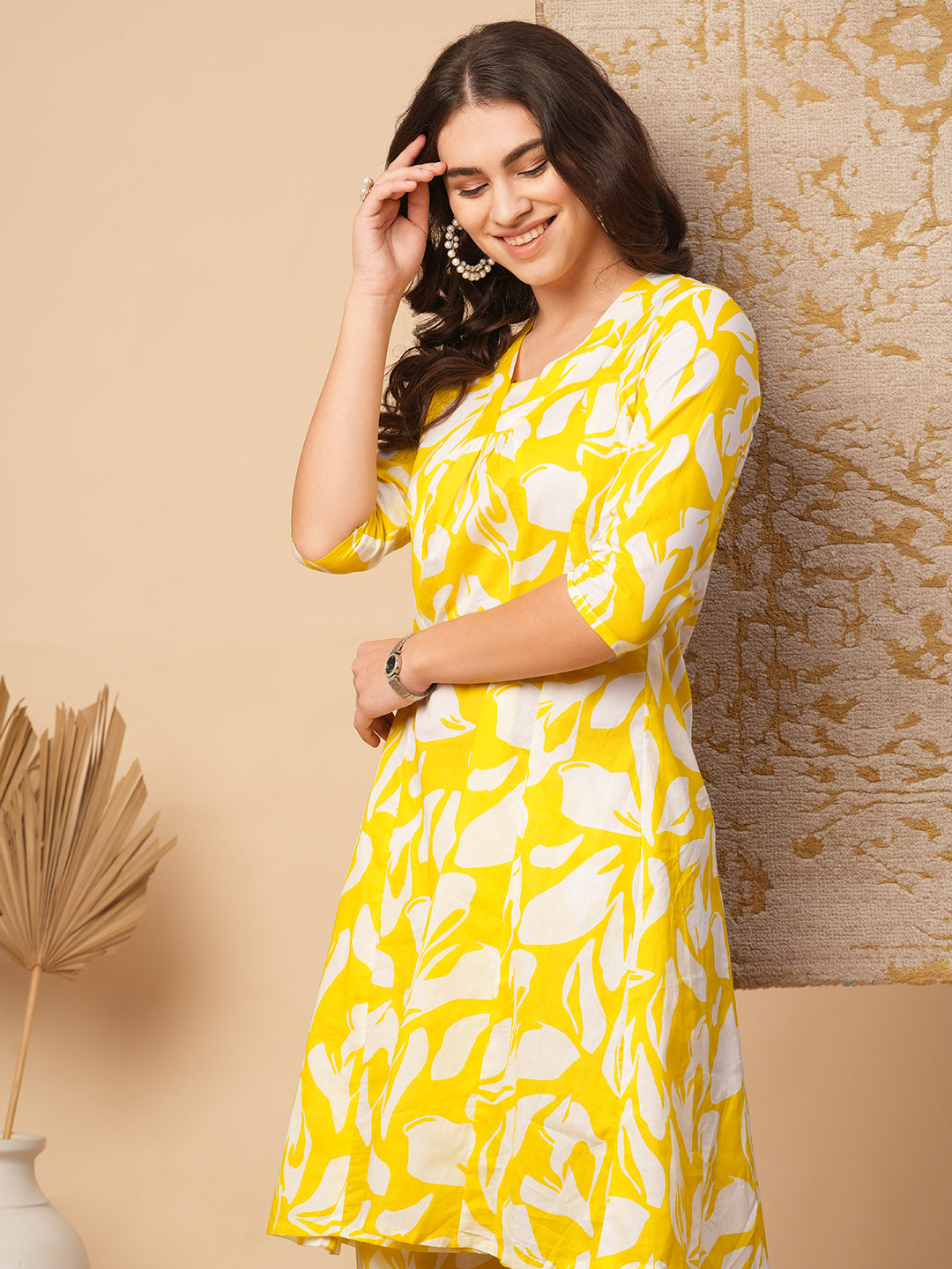 Ethnic Floral Block Printed A-Line Paneled Co-ord Set - Yellow