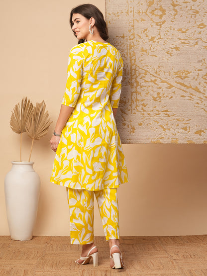 Ethnic Floral Block Printed A-Line Paneled Co-ord Set - Yellow