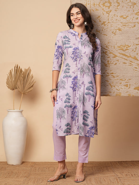 Ethnic Floral Printed Embroidered Straight Fit Kurta with Pant - Lavender