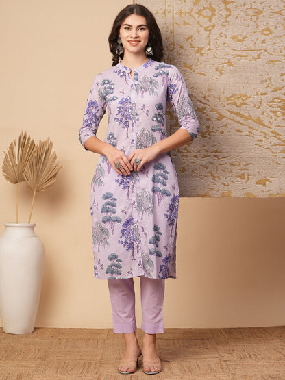 Ethnic Floral Printed Embroidered Straight Fit Kurta with Pant - Lavender