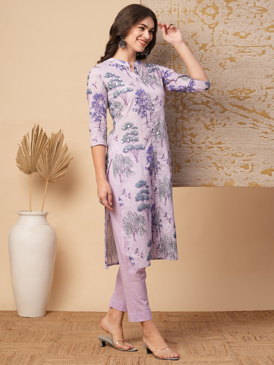 Ethnic Floral Printed Embroidered Straight Fit Kurta with Pant - Lavender