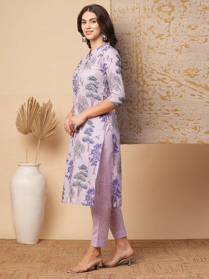 Ethnic Floral Printed Embroidered Straight Fit Kurta with Pant - Lavender