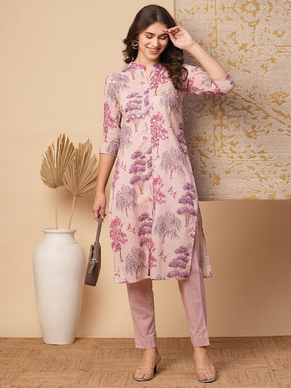 Ethnic Floral Printed Embroidered Straight Fit Kurta with Pant - Pink