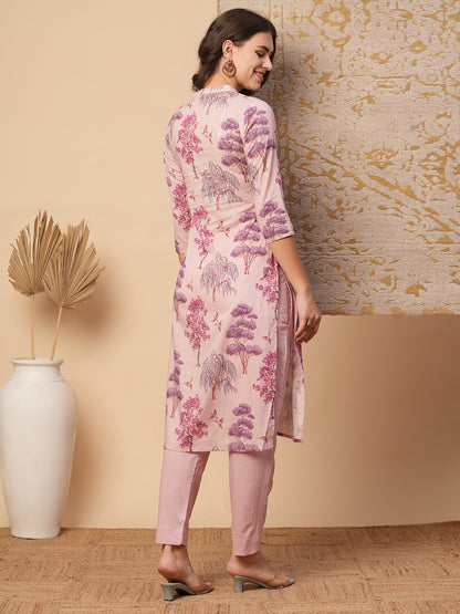 Ethnic Floral Printed Embroidered Straight Fit Kurta with Pant - Pink