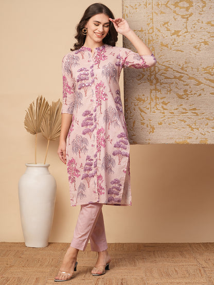 Ethnic Floral Printed Embroidered Straight Fit Kurta with Pant - Pink