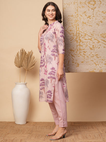 Ethnic Floral Printed Embroidered Straight Fit Kurta with Pant - Pink