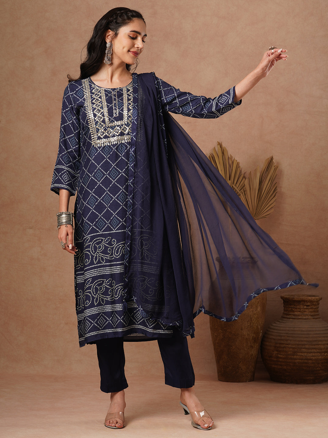 Bandhani Printed & Hand Embroidered Straight Fit Kurta with Pant and Dupatta - Navy Blue