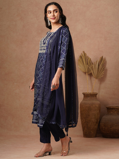 Bandhani Printed & Hand Embroidered Straight Fit Kurta with Pant and Dupatta - Navy Blue