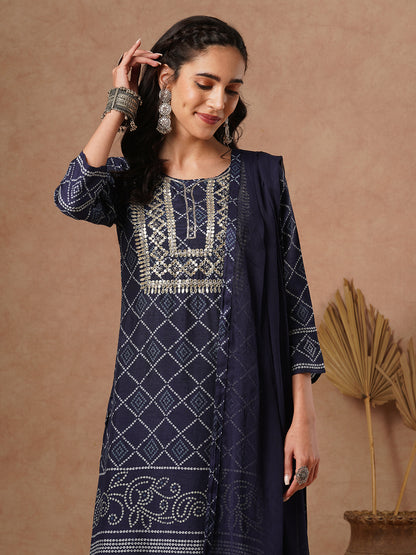 Bandhani Printed & Hand Embroidered Straight Fit Kurta with Pant and Dupatta - Navy Blue